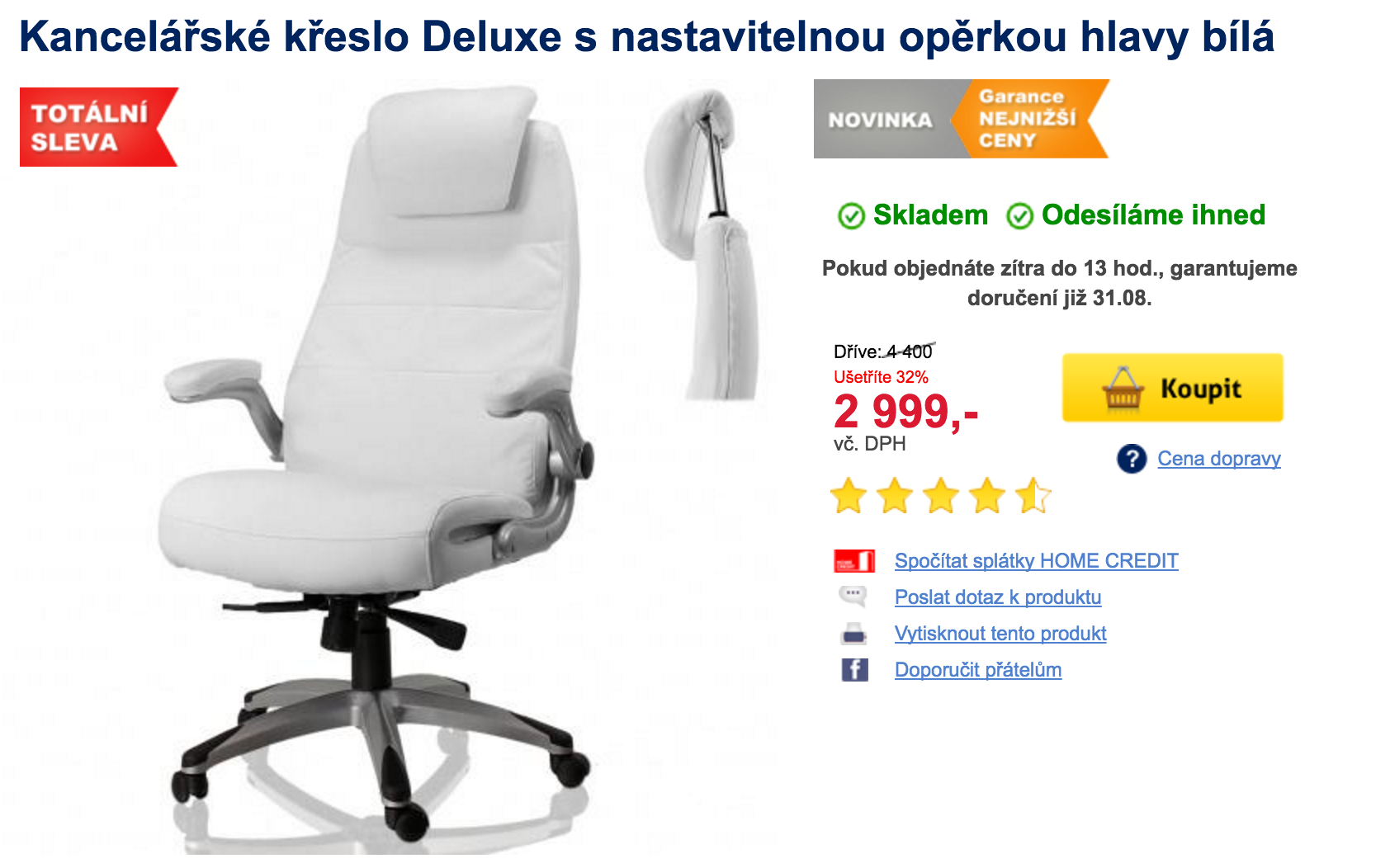 Kancelářské křeslo Deluxe s nastavitelnou opěrkou hlavy bílá